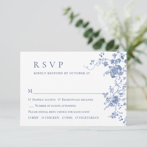 Simple Elegant Blue French Garden Floral Wedding RSVP Card