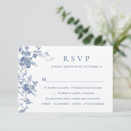 Simple Elegant Blue French Garden Floral Wedding RSVP Card