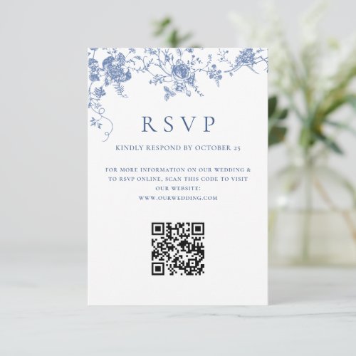 Simple Elegant Blue French Garden Wedding QR code RSVP Card