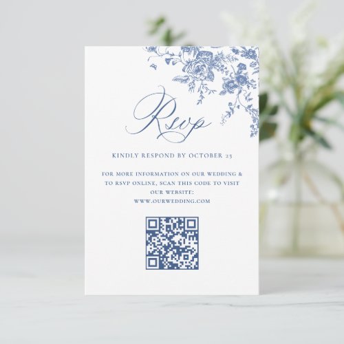 Simple Elegant Blue French Garden Wedding QR code RSVP Card