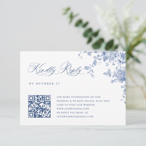 Simple Elegant Blue French Garden Wedding QR code RSVP Card