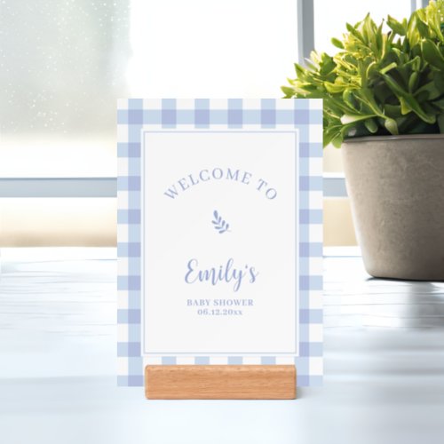 Simple Elegant Blue Gingham Baby Shower Welcome Holder