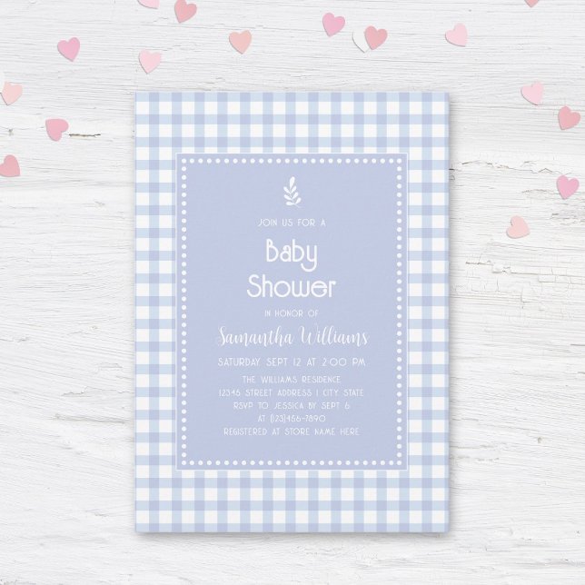 Simple Elegant Blue Gingham Plaid Boy Baby Shower Invitation (Creator Uploaded)