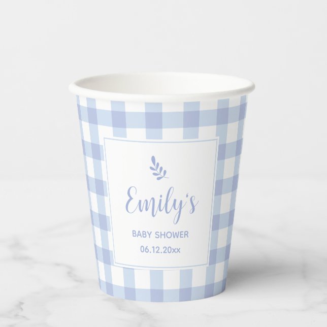 Simple Elegant Blue Gingham Plaid Boy Baby Shower Paper Cups (Front)