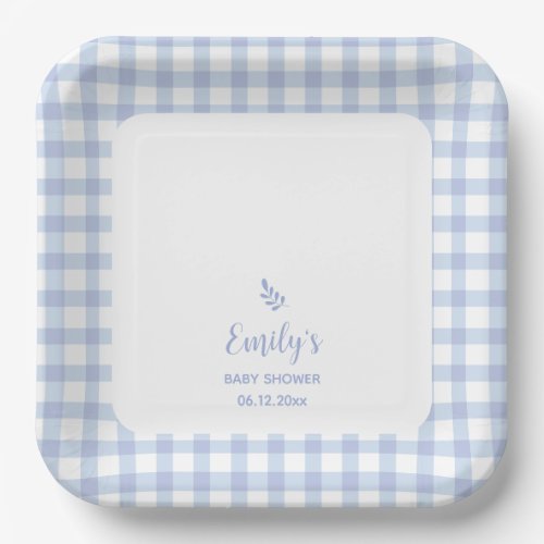 Simple Elegant Blue Gingham Plaid Boy Baby Shower Paper Plates