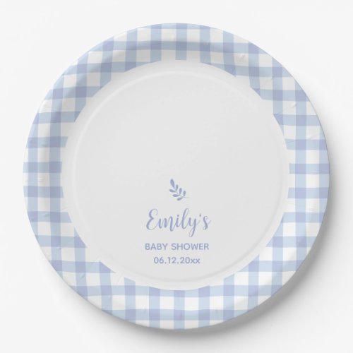 Simple Elegant Blue Gingham Plaid Boy Baby Shower Paper Plates