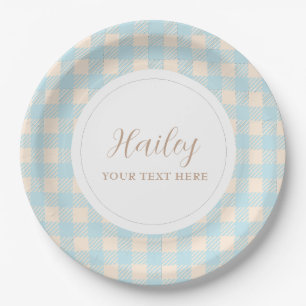 Simple elegant blue gingham plaid Party Paper Plates