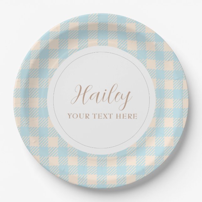 Simple elegant blue gingham plaid Party Paper Plates (Front)