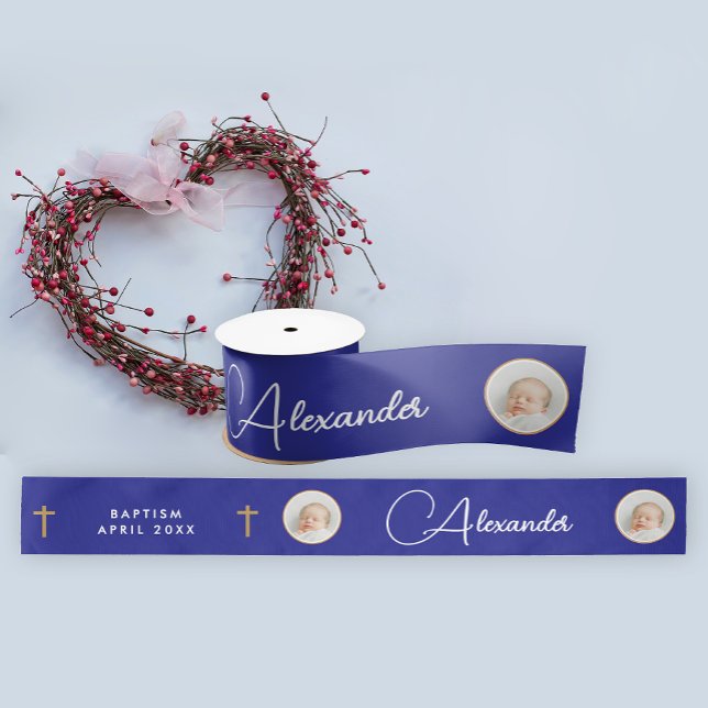 Simple Elegant Blue Gold Cross Photo Name Script Satin Ribbon (Creator Uploaded)