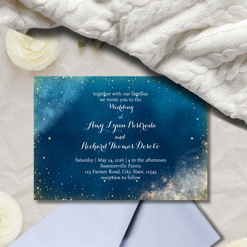 Simple Elegant Blue Gold Stars Wedding Invitation