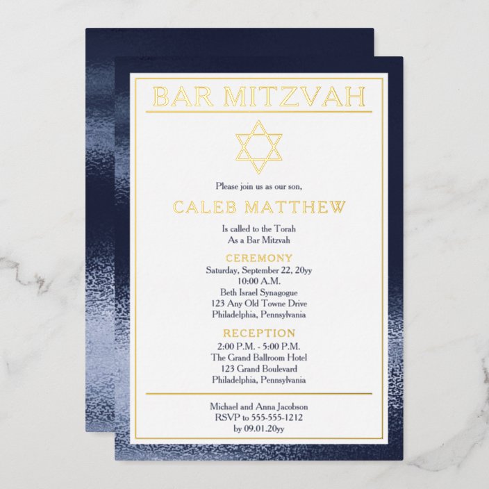 Simple Elegant Blue Gradient Bar Mitzvah - Gold Foil Invitation ...