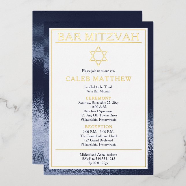 Simple Elegant Blue Gradient Bar Mitzvah - Gold Foil Invitation (Front/Back)