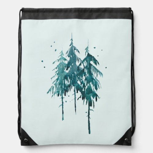 Simple Elegant Blue_Green Watercolor Pine Trees Drawstring Bag