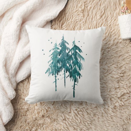 Simple Elegant Blue_Green Watercolor Pine Trees  Throw Pillow