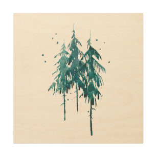 Simple Elegant Blue-Green Watercolor Pine Trees Wood Wall Art