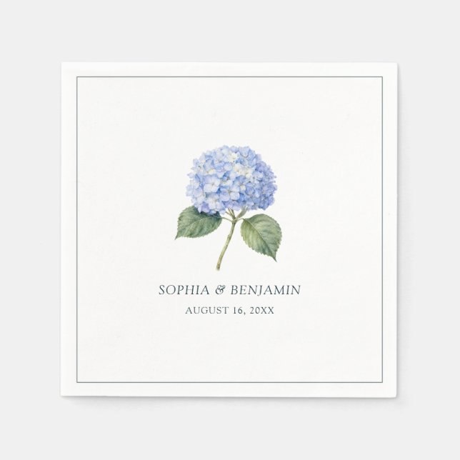 Simple Elegant Blue Hydrangea Custom Wedding Napkins (Front)