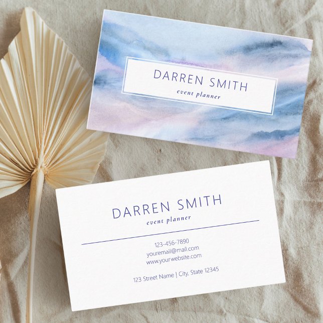 Simple Elegant Blue Pink Teal Watercolor Abstract  Business Card (Simple Elegant Blue White Watercolor Abstract)