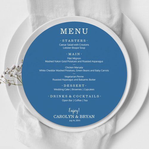 Simple Elegant Blue Round Wedding Dinner Menu