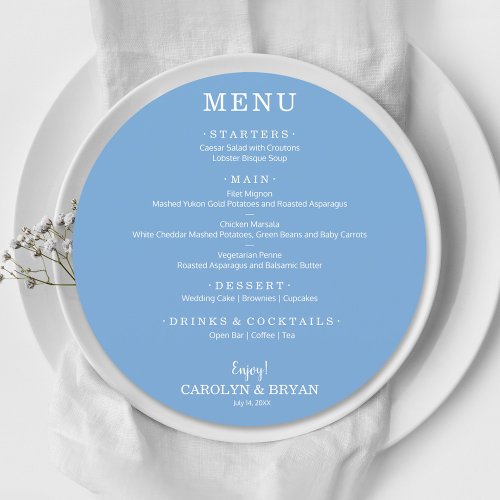 Simple Elegant Blue Round Wedding Dinner Menu