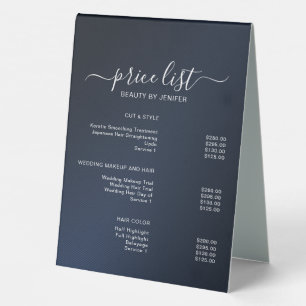 Simple Elegant Blue Salon Price List Table Tent