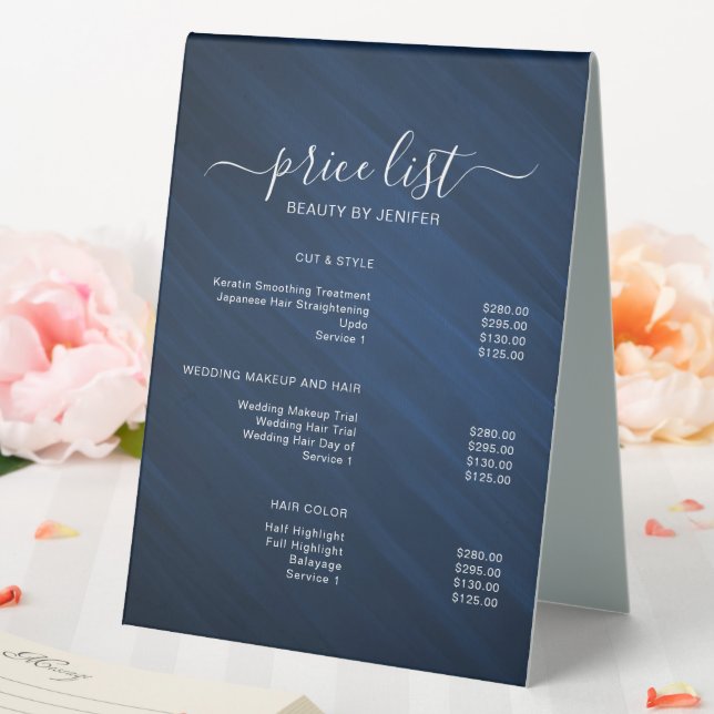Simple Elegant Blue Salon Price List Table Tent (In SItu (Wedding))