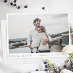 Simple Elegant Blue Script Custom Photo Wedding Thank You Card<br><div class="desc">This simple, stylish modern photo wedding thank you card template features your names and date beneath your photo along with 'LOVE & THANKS' and your date and wedding locale in an elegant medium dark shade of blue. You might choose to change the font, punctuation or color used for various text...</div>