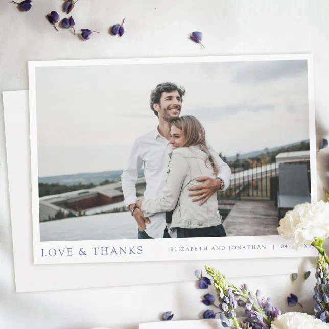 Simple Elegant Blue Script Custom Photo Wedding Thank You Card | Zazzle