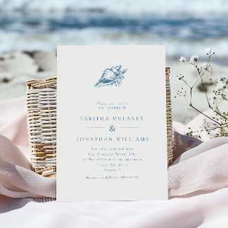 Simple Elegant Blue Seashell Coastal Wedding Invitation