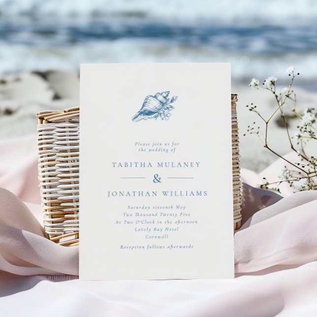 Simple Elegant Blue Seashell Coastal Wedding Invitation (Creator Uploaded)