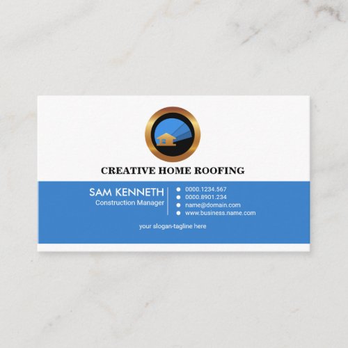 Simple Elegant Blue Stylish Retro Home Roofing Business Card