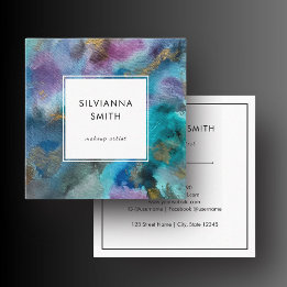 Simple Elegant Blue Teal White Watercolor Abstract Square Business Card