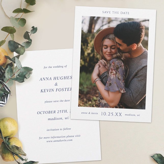 Simple Elegant Blue Typography Photo Wedding Save The Date (Creator Uploaded)