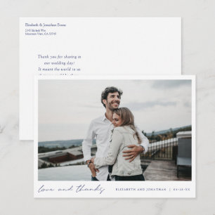 Simple Elegant Blue Wedding Photo Thank You Postcard