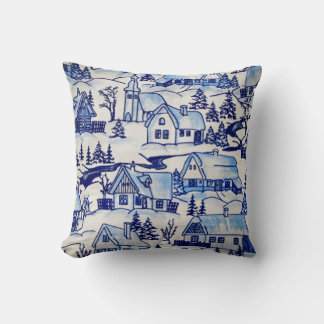 Simple Elegant Blue White Christmas Holiday Town Throw Pillow