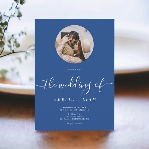 Simple elegant blue white photo script wedding invitation