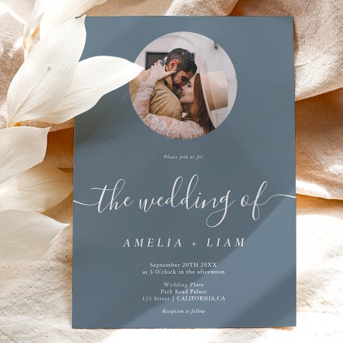 Simple elegant blue white photo script wedding invitation