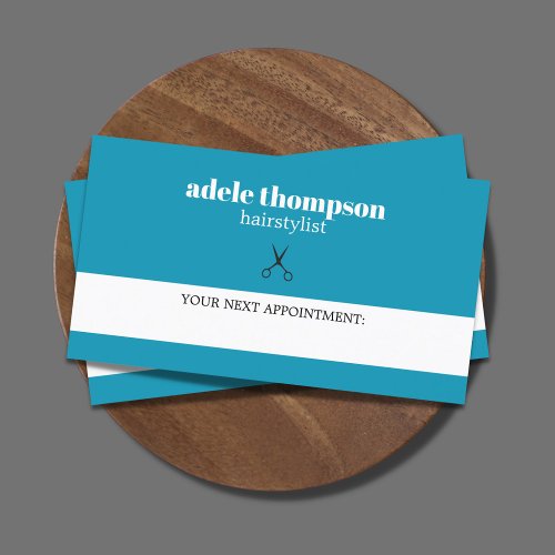 Simple Elegant Blue White Scissors Hair Stylist  Appointment Card