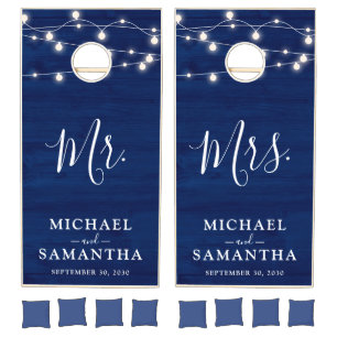 Simple Elegant Blue Wood Rustic Wedding Cornhole Set
