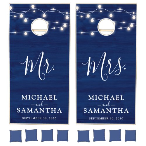 Simple Elegant Blue Wood Rustic Wedding Cornhole Set