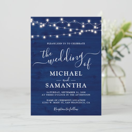 Simple Elegant Blue Wood Rustic Wedding Invitation | Zazzle