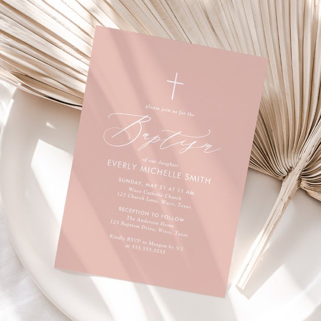 Simple Elegant Blush Pink Cross Girl Baptism Invitation (Creator Uploaded)
