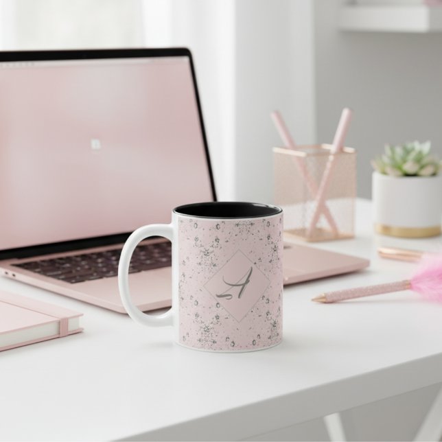 Simple Elegant Blush Pink Glitter Pattern Monogram Two-Tone Coffee Mug (Creator Uploaded)