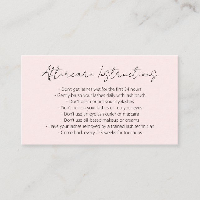 Simple Elegant Blush Pink Modern Lashes Aftercare Business Card (Front)