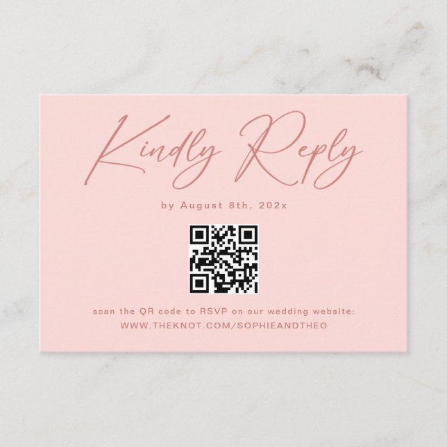 Simple Elegant Blush Pink QR Code Wedding RSVP Enclosure Card (Front)