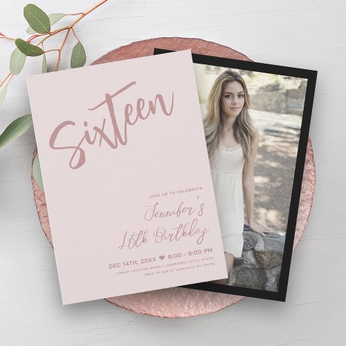 Simple  Elegant Blush Pink Sweet 16 Typography  Invitation
