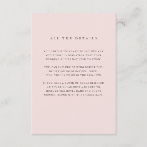 Simple Elegant Blush Pink  Wedding Guest Details Enclosure Card