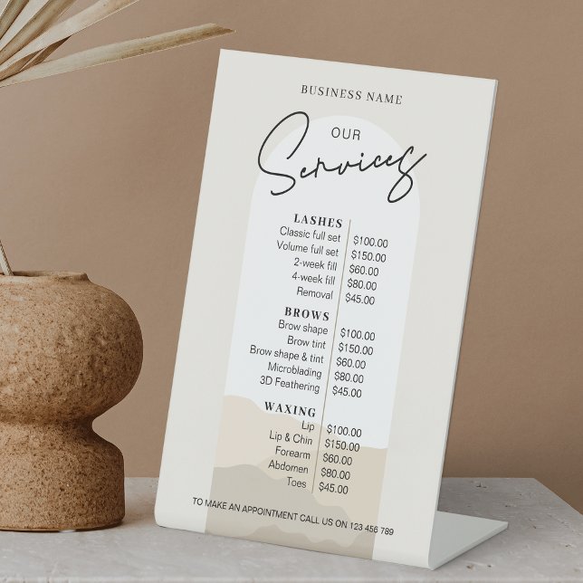 Simple Elegant Boho Arch Hair Stylist Price List Pedestal Sign (Boho arch beige business price list with a simple layout and neutral color scheme)
