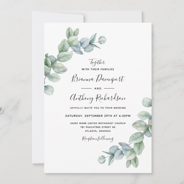 Simple Elegant Boho Eucalyptus Greenery Wedding Invitation (Front)