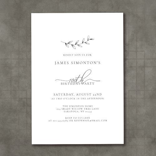 Simple Elegant Botanical 100th Birthday Invitation