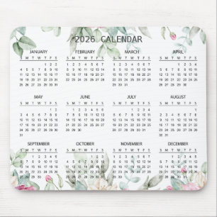 Simple Elegant Botanical 2026 Calendar Mousepad
